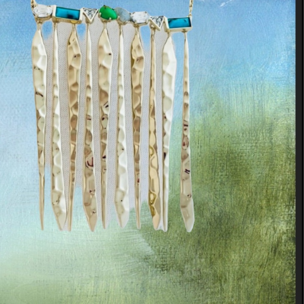 Alexis Bittar Gold Hammer Metal Fringe Gemstone Bar Turquoise Green Necklace - Picture 11 of 12